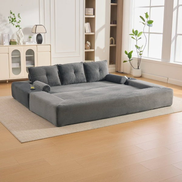 English Elm Compact Corduroy Convertible Floor Sofa Futon with Adjustable Headrests for Studios 91.34 inches Dark Gray W395S00156