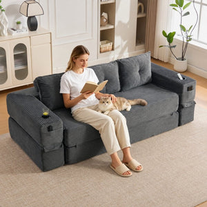 English Elm Compact Corduroy Convertible Floor Sofa Futon with Adjustable Headrests for Studios 91.34 inches Dark Gray W395S00156