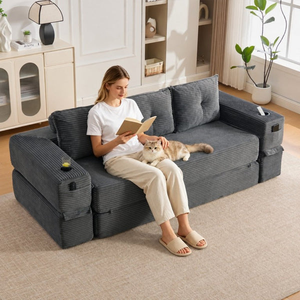 English Elm Compact Corduroy Convertible Floor Sofa Futon with Adjustable Headrests for Studios 91.34 inches Dark Gray W395S00156