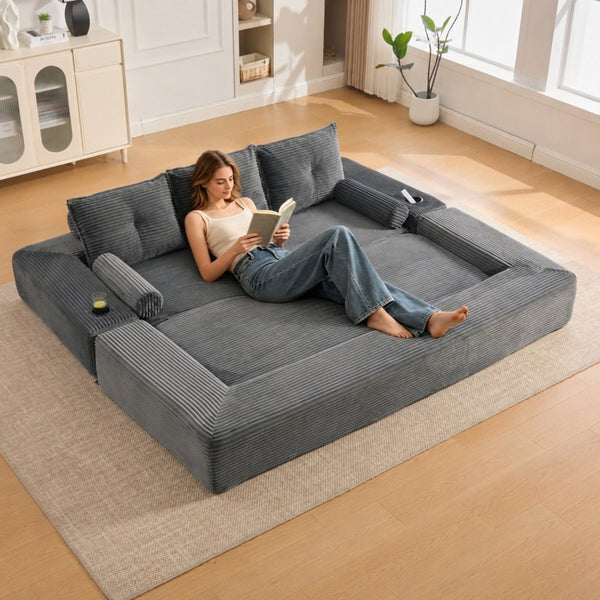 English Elm Compact Corduroy Convertible Floor Sofa Futon with Adjustable Headrests for Studios 91.34 inches Dark Gray W395S00156