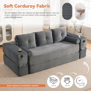 English Elm Compact Corduroy Convertible Floor Sofa Futon with Adjustable Headrests for Studios 91.34 inches Dark Gray W395S00156