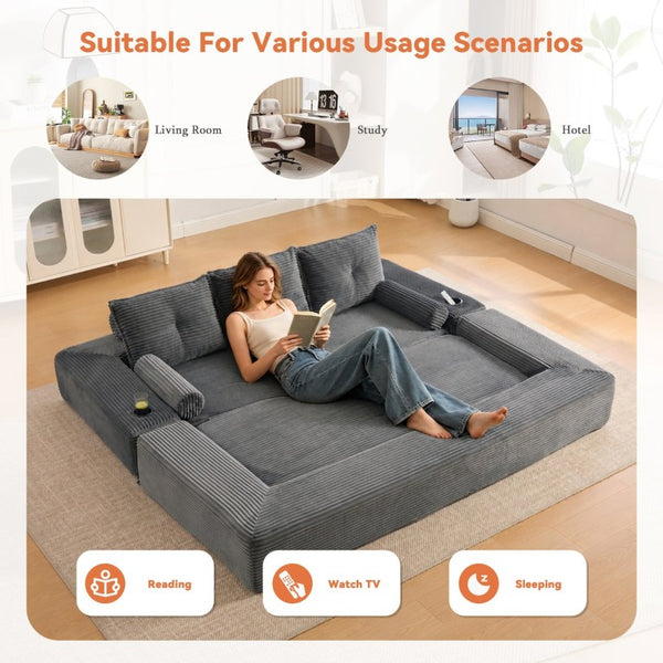 English Elm Compact Corduroy Convertible Floor Sofa Futon with Adjustable Headrests for Studios 91.34 inches Dark Gray W395S00156