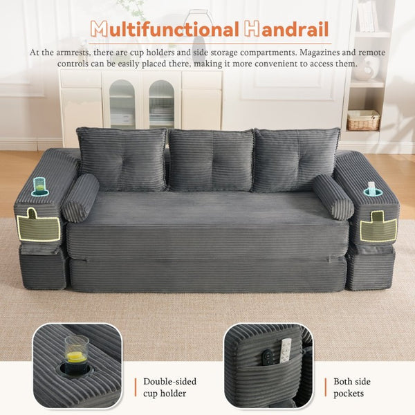 English Elm Compact Corduroy Convertible Floor Sofa Futon with Adjustable Headrests for Studios 91.34 inches Dark Gray W395S00156