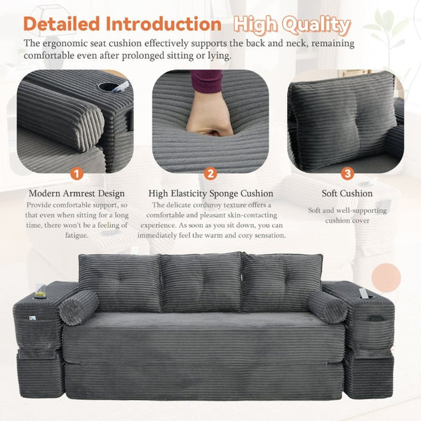 English Elm Compact Corduroy Convertible Floor Sofa Futon with Adjustable Headrests for Studios 91.34 inches Dark Gray W395S00156