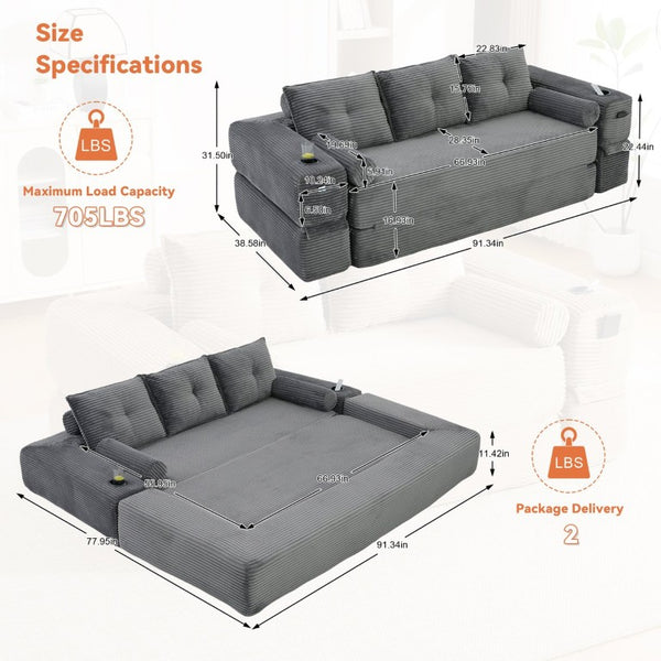 English Elm Compact Corduroy Convertible Floor Sofa Futon with Adjustable Headrests for Studios 91.34 inches Dark Gray W395S00156