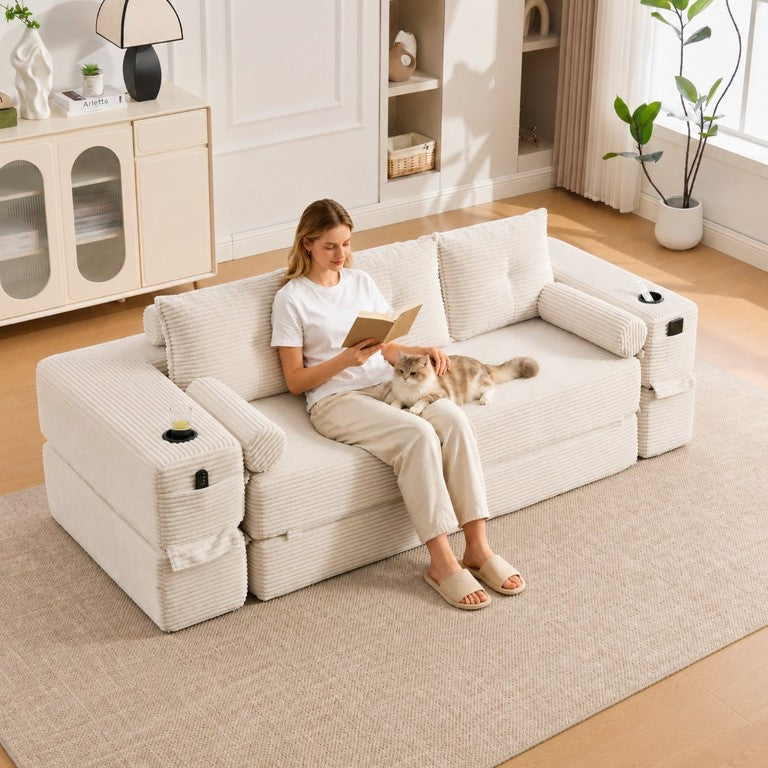 English Elm Compact Corduroy Floor Sofa Converts to Daybed for Studio and Guest Spaces W395S00157