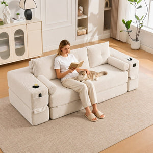 English Elm Compact Corduroy Floor Sofa Converts to Daybed for Studio and Guest Spaces W395S00157