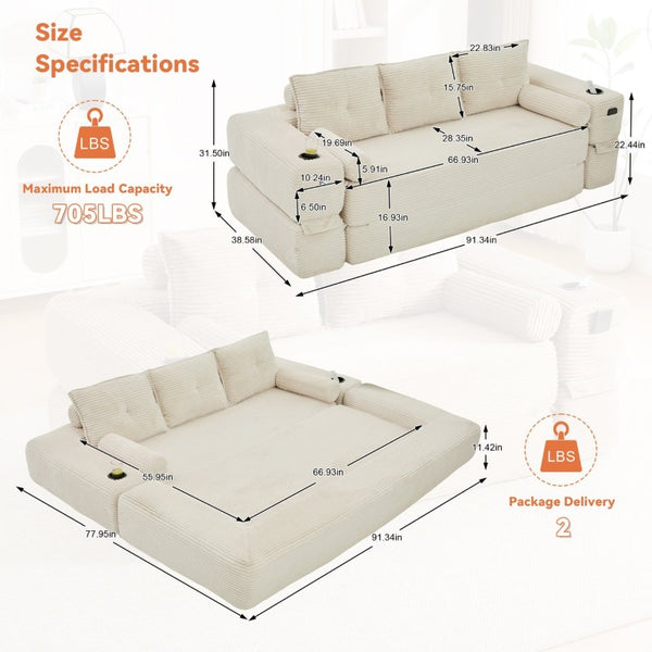 English Elm Compact Corduroy Floor Sofa Converts to Daybed for Studio and Guest Spaces W395S00157