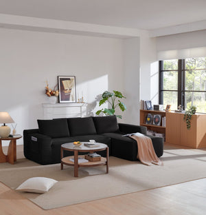 English Elm 96.9 Inch L-Shape Cloud Sectional Corduroy Sofa Deep Seat Modular Living Room Couch Black Right W3975P412668