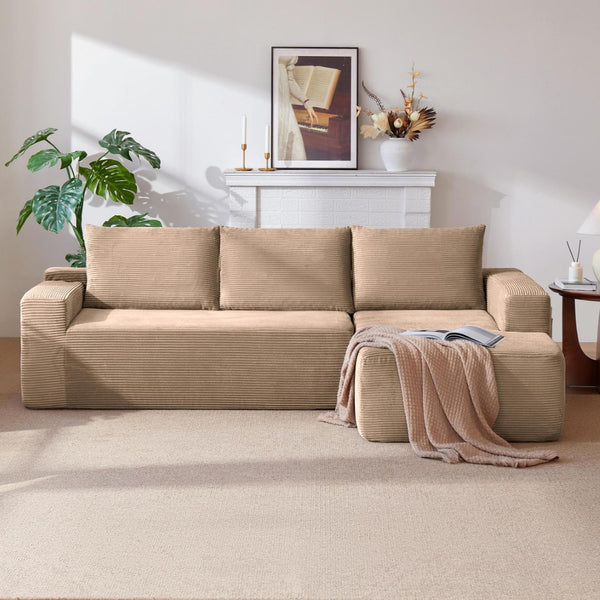English Elm 96.9 Inch L-Shape Cloud Sectional Corduroy Sofa Deep Seat Modular Living Room Couch Camel Right W3975P412670