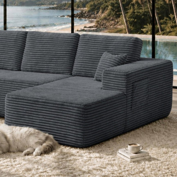 English Elm Right Facing Corduroy Sectional Sofa Low Profile Modular Chaise for Living Rooms W3975P415765