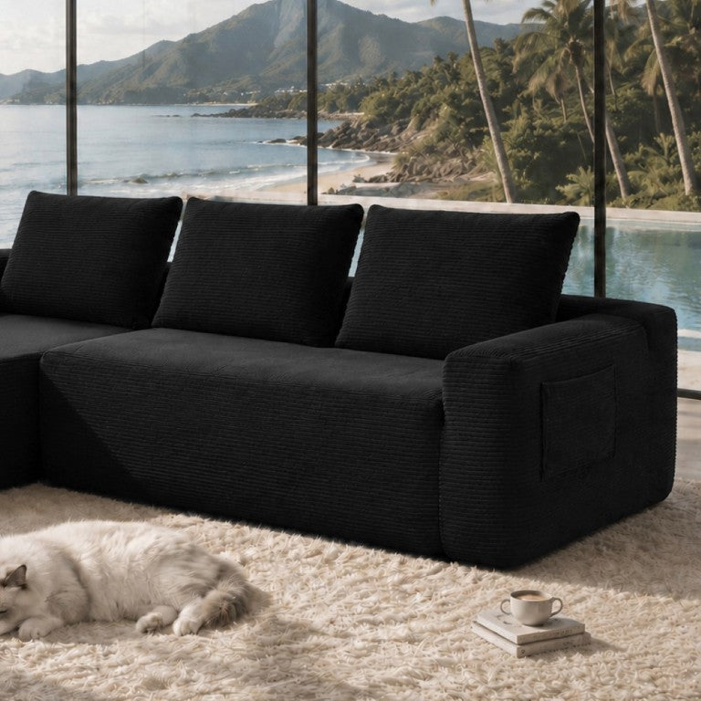 English Elm 618-Lp-Black-3Seat-Corduroy Modular Sectional Sofa with Reversible Chaise Corduroy Upholstery W3975P479008