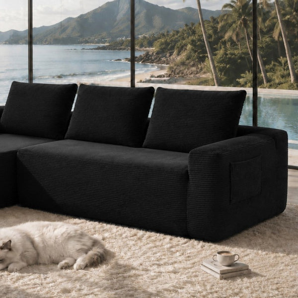 English Elm 618-Lp-Black-3Seat-Corduroy Modular Sectional Sofa with Reversible Chaise Corduroy Upholstery W3975P479008
