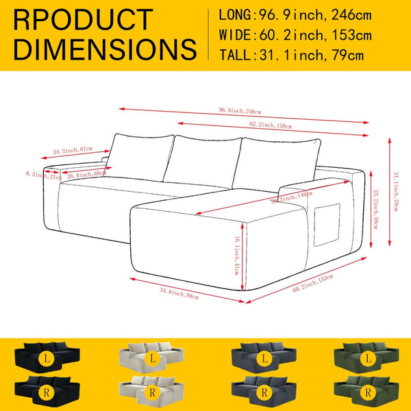 English Elm New96.9" Cloud Modular Sectional Corduroy Upholstered Deep Seat Sofa for Living Room W3975P484399