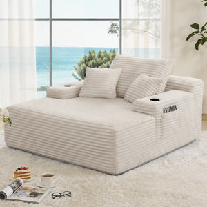 English Elm New Corduroy Convertible Chaise Lounge Sleeper Chair with Cup Holder and Throw Pillows Beige W3975P484410