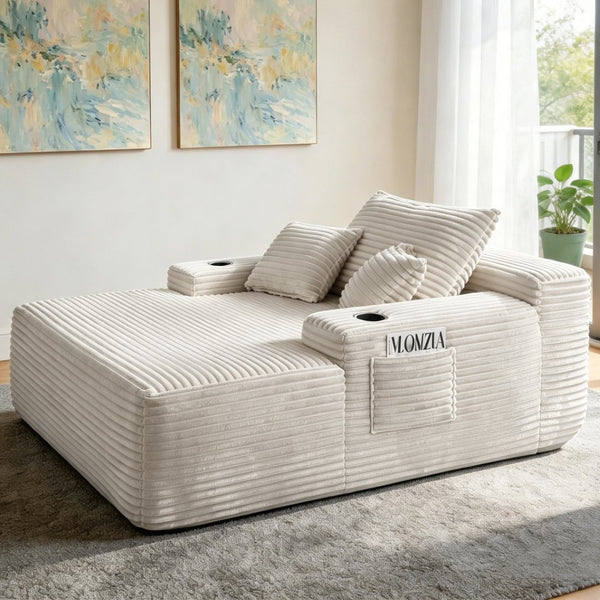 English Elm New Corduroy Convertible Chaise Lounge Sleeper Chair with Cup Holder and Throw Pillows Beige W3975P484410