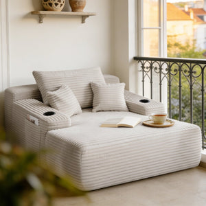 English Elm New Corduroy Convertible Chaise Lounge Sleeper Chair with Cup Holder and Throw Pillows Beige W3975P484410