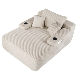 English Elm New Corduroy Convertible Chaise Lounge Sleeper Chair with Cup Holder and Throw Pillows Beige W3975P484410