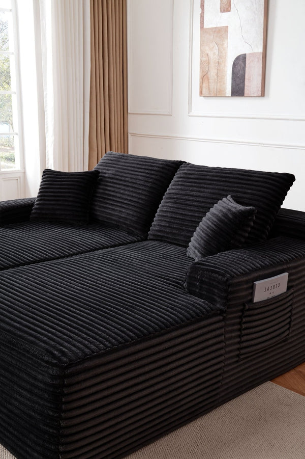 English Elm 37.5-Inch Corduroy Velvet Chaise Sectional Module for Modern Living Room Lounging Black Right Chaise Velvet No Cup Holder W3975P491133