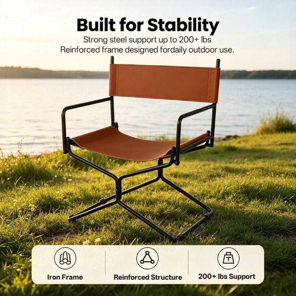English Elm 21 Inch Folding Directors Chair PU Leather High Back Portable Outdoor Camping Seat Brown W3975P495125