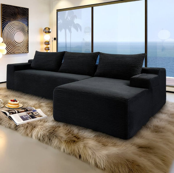 English Elm New2-96.9 Corduroy L-Shape Sectional Deep Seat Sofa No Assembly Living Room Black Right W3975P499240
