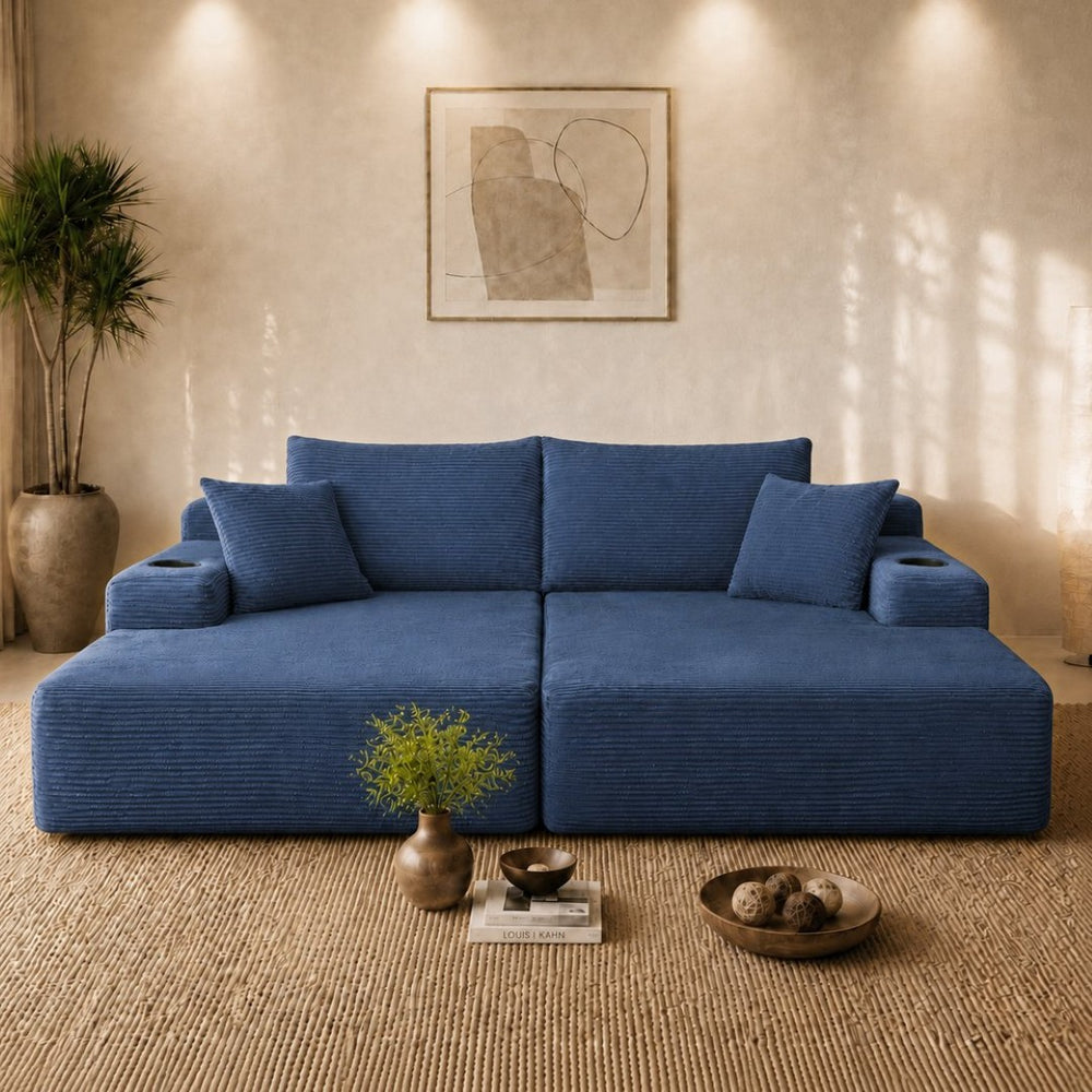 English Elm New1-69"cloud Sectional Sofa Deep Seat Corduroy Upholstered Chaise for Modern Living Room Blue W3975P500751