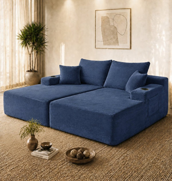 English Elm New1-69"cloud Sectional Sofa Deep Seat Corduroy Upholstered Chaise for Modern Living Room Blue W3975P500751
