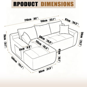 English Elm 85" Cloud Modular Sectional Linen Upholstered Deep Seat Chaise Sofa for Living Room W3975P501411