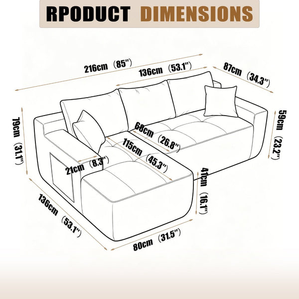 English Elm 85" Cloud Modular Sectional Linen Upholstered Deep Seat Chaise Sofa for Living Room W3975P501411