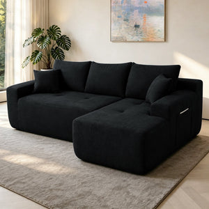 English Elm 85" Cloud Modular Sectional Deep Seat Cotton Linen Sofa with Reversible Chaise Lounge Black - A W3975P501412