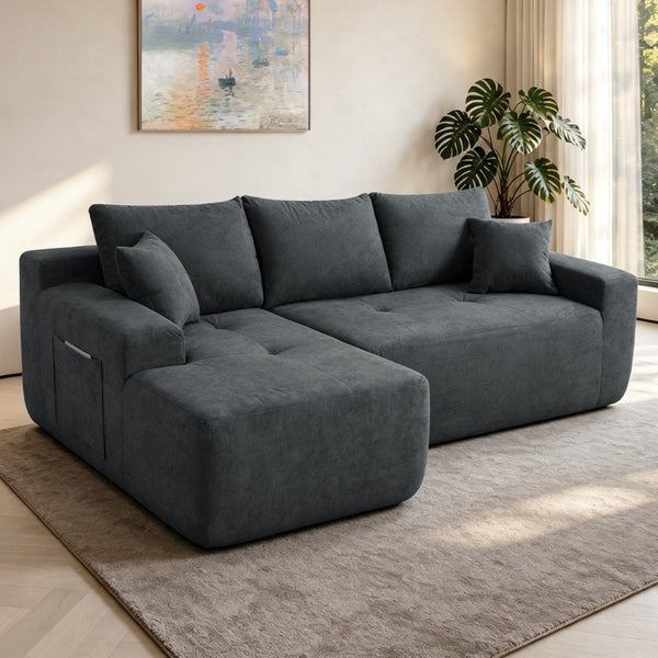 English Elm 85" Cloud Modular Sectional Deep Seat Cotton Linen Sofa with Reversible Chaise Lounge Grey W3975P501413
