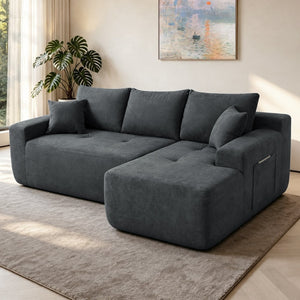 English Elm 85" Cloud Modular Sectional Deep Seat Cotton Linen Sofa with Reversible Chaise Lounge Black - B W3975P501414
