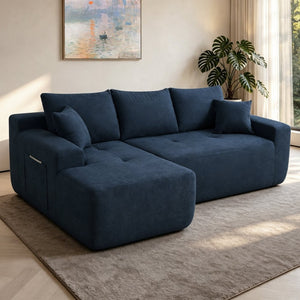 English Elm 85" Cloud Modular Sectional Deep Seat Cotton Linen Sofa with Reversible Chaise Lounge Blue - A W3975P501415
