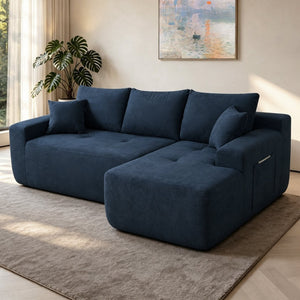 English Elm 85" Cloud Modular Sectional Deep Seat Cotton Linen Sofa with Reversible Chaise Lounge Blue - B W3975P501416