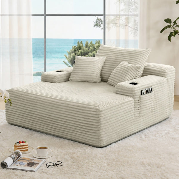 English Elm New Convertible Chaise Lounge Sleeper Sofa with Cup Holder Wide Armrest for Living Room Beige Plush W3975P502850