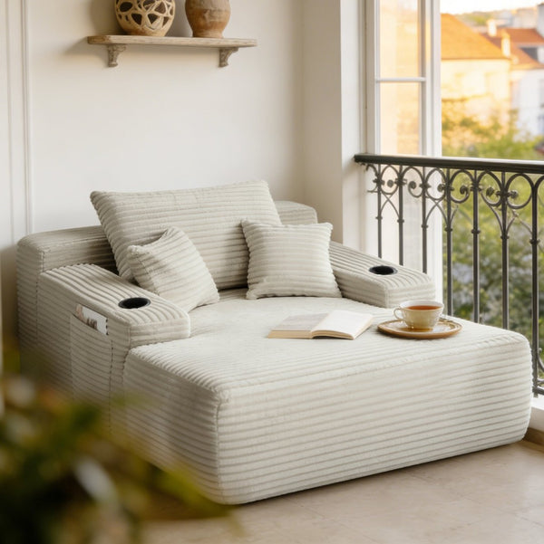 English Elm New Convertible Chaise Lounge Sleeper Sofa with Cup Holder Wide Armrest for Living Room Beige Plush W3975P502850