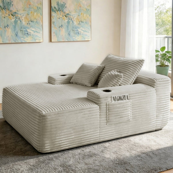 English Elm New Convertible Chaise Lounge Sleeper Sofa with Cup Holder Wide Armrest for Living Room Beige Plush W3975P502850