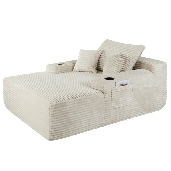 English Elm New Convertible Chaise Lounge Sleeper Sofa with Cup Holder Wide Armrest for Living Room Beige Plush W3975P502850