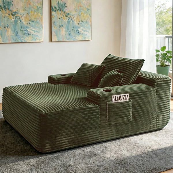 English Elm New Convertible Chaise Lounge Sleeper Sofa with Cup Holder Wide Armrest for Living Room Green Plush W3975P502851