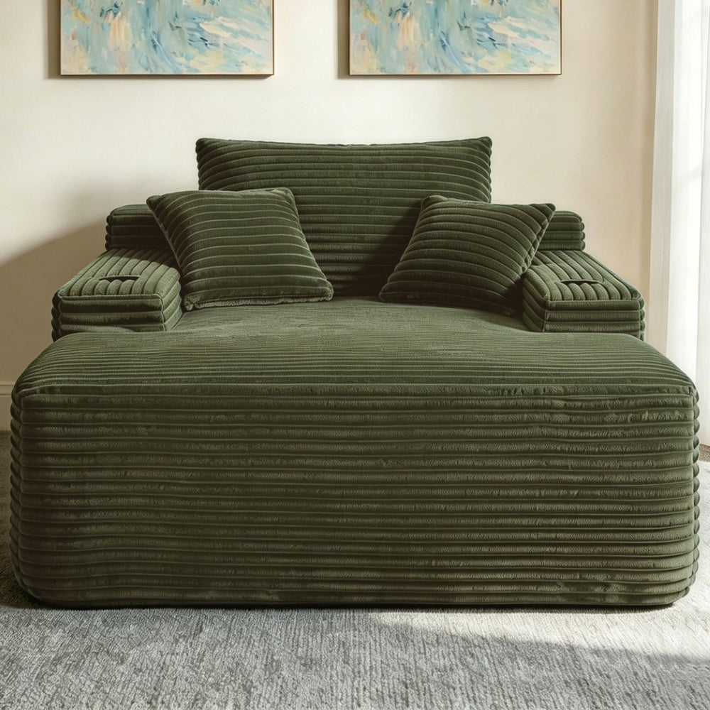 English Elm New Convertible Chaise Lounge Sleeper Sofa with Cup Holder Wide Armrest for Living Room Green Plush W3975P502851