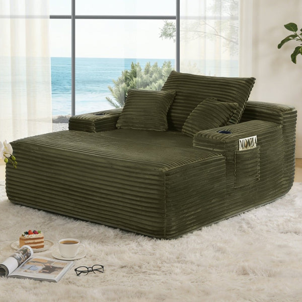 English Elm New Convertible Chaise Lounge Sleeper Sofa with Cup Holder Wide Armrest for Living Room Green Plush W3975P502851