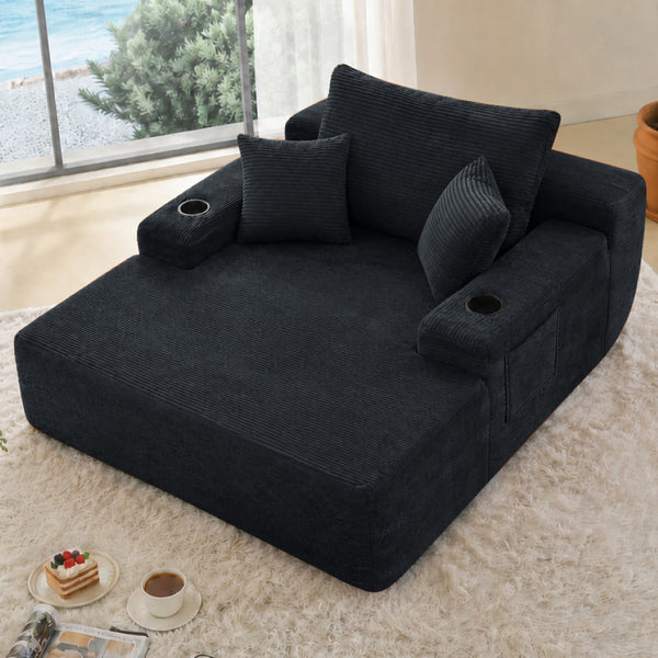 English Elm New Convertible Chaise Lounge Sleeper Sofa with Cup Holder Wide Armrest for Living Room Black Corduroy W3975P502852