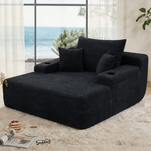 English Elm New Convertible Chaise Lounge Sleeper Sofa with Cup Holder Wide Armrest for Living Room Black Corduroy W3975P502852