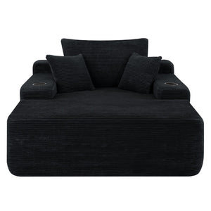 English Elm New Convertible Chaise Lounge Sleeper Sofa with Cup Holder Wide Armrest for Living Room Black Corduroy W3975P502852