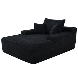 English Elm New Convertible Chaise Lounge Sleeper Sofa with Cup Holder Wide Armrest for Living Room Black Corduroy W3975P502852