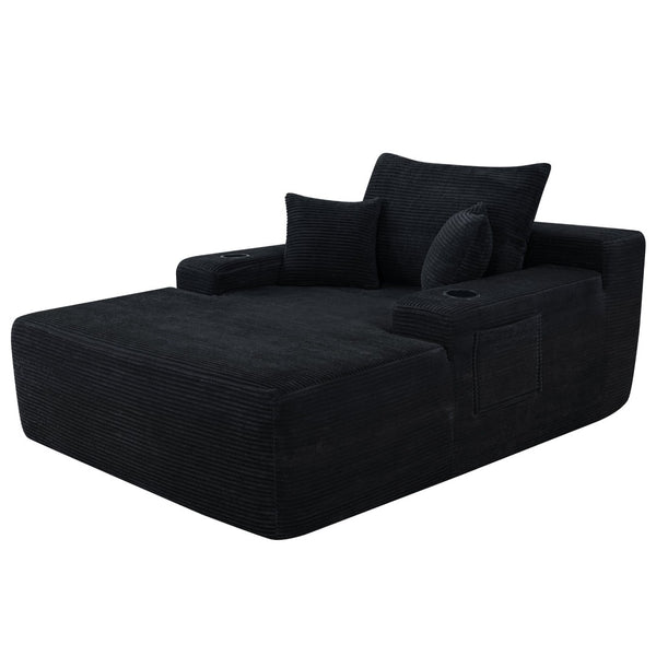 English Elm New Convertible Chaise Lounge Sleeper Sofa with Cup Holder Wide Armrest for Living Room Black Corduroy W3975P502852