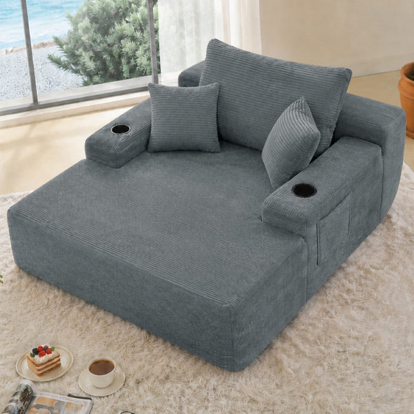 English Elm New Convertible Chaise Lounge Sleeper Sofa with Cup Holder Wide Armrest for Living Room Grey Corduroy W3975P502853