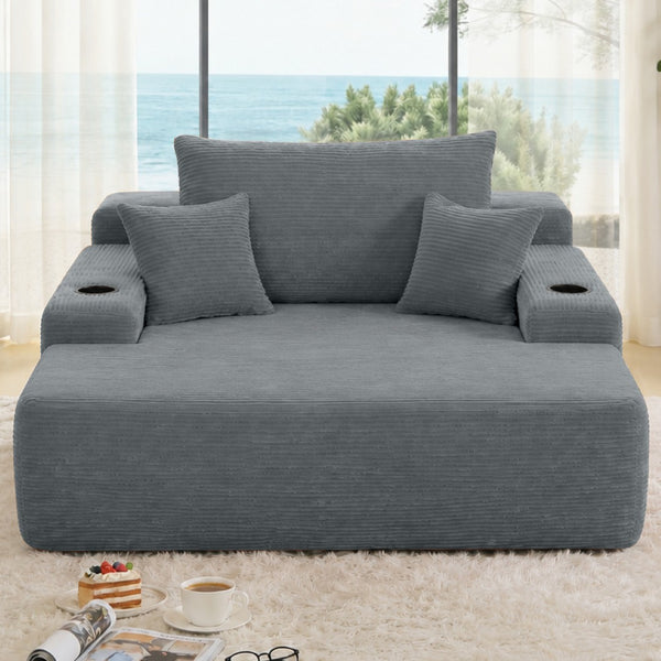 English Elm New Convertible Chaise Lounge Sleeper Sofa with Cup Holder Wide Armrest for Living Room Grey Corduroy W3975P502853