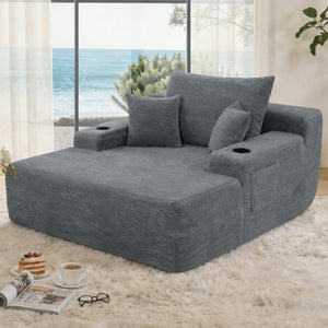 English Elm New Convertible Chaise Lounge Sleeper Sofa with Cup Holder Wide Armrest for Living Room Grey Corduroy W3975P502853