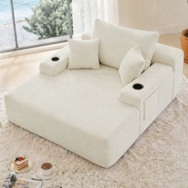 English Elm New Convertible Chaise Lounge Sleeper Sofa with Cup Holder Wide Armrest for Living Room Beige Corduroy W3975P502855